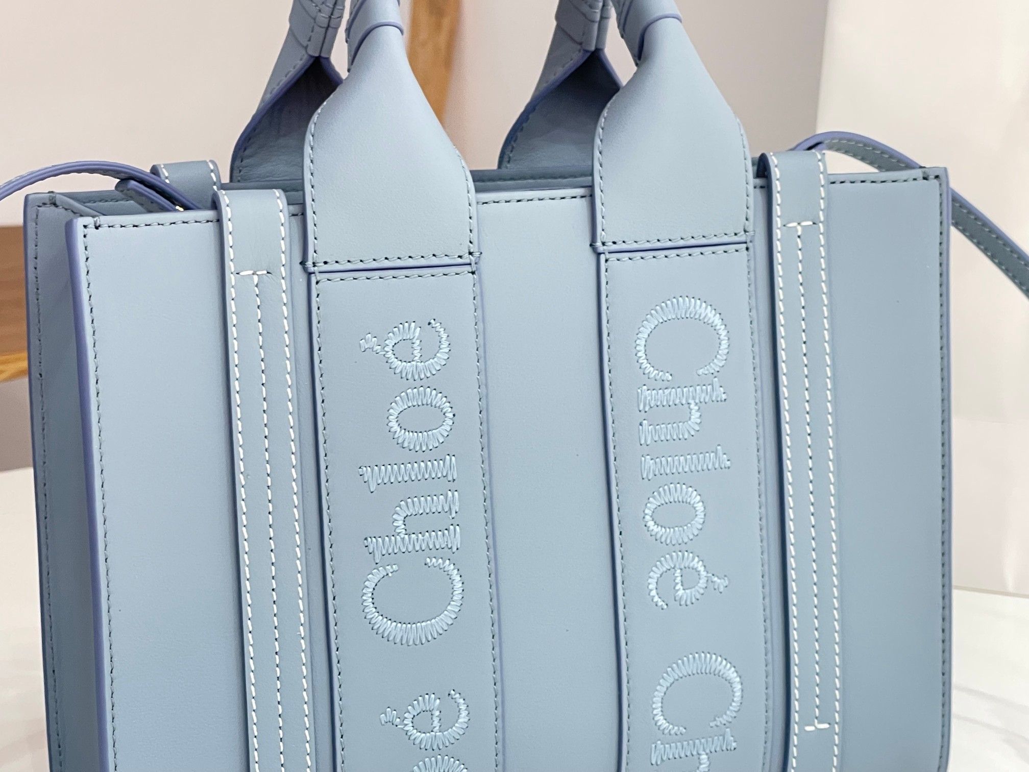 Chloe Small Woody Tote Bag In Light Blue Soft Smooth Calfskin Leather